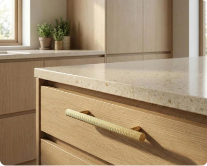 Natural oak kitchen cabinetry with brushed brass drawer hardware and a light stone countertop.